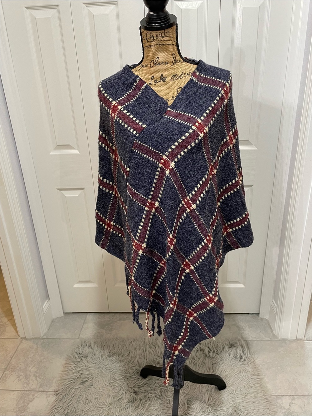 Kimberly C Vintage Plaid Fringe Knit Poncho - Navy, Burgundy, Cream